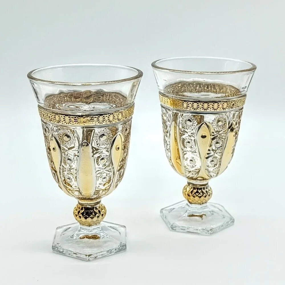Pair of 2 Gold Trim Crystal Wine Glasses
